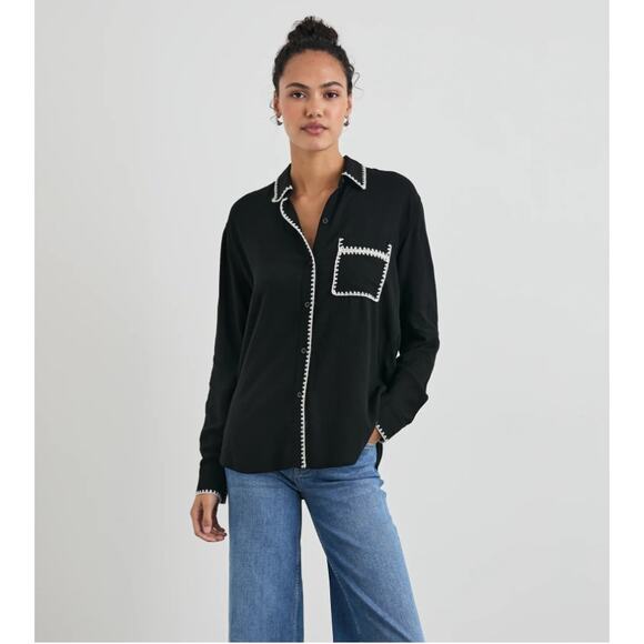 Rails Charli Shirt in Black Blanket Stitch Embroidered Linen Blend Western L - Picture 2 of 8